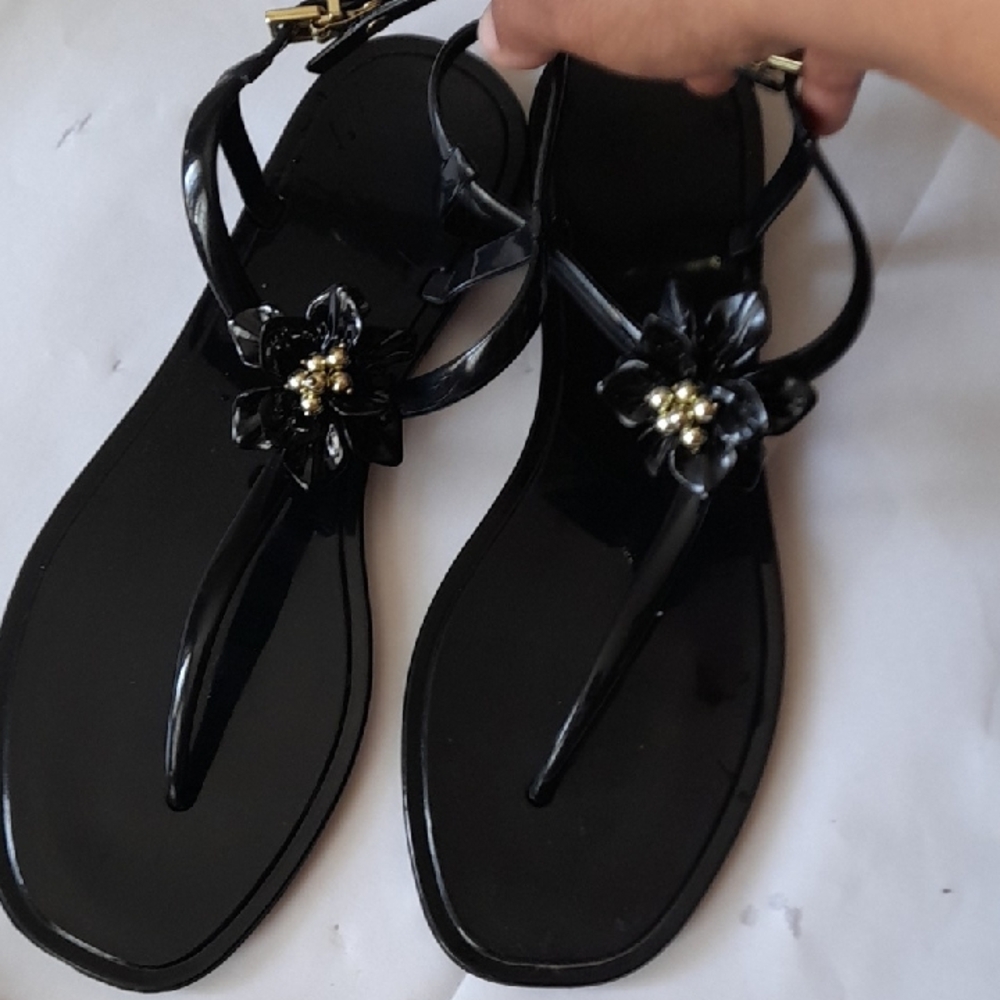 Women’s Black Floral T-Strap Sandals